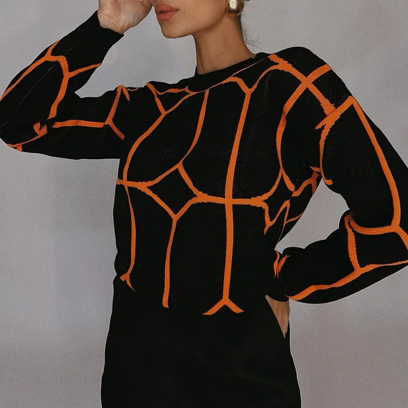 Serenade Geometric Pattern Long Sleeve Crew Neck Knit Sweater Castello Clothing Line