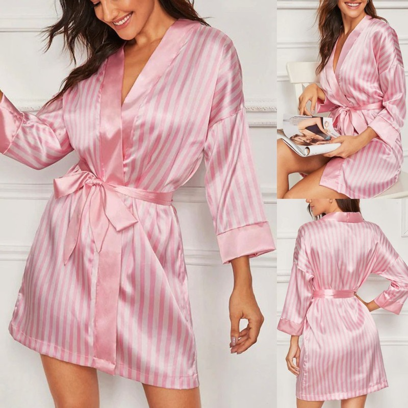 Satin Whisper Striped Tie-Waist Kimono Robe Castello Clothing Line