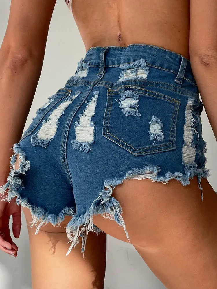 Rhea Ripped High-Waisted Frayed Denim Shorts Castello Clothing Line