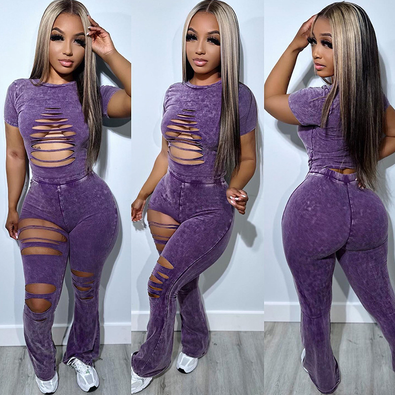 Cut Out Sleeve Top & Long Pants Set - Polyester/Spandex Castello Clothing Line
