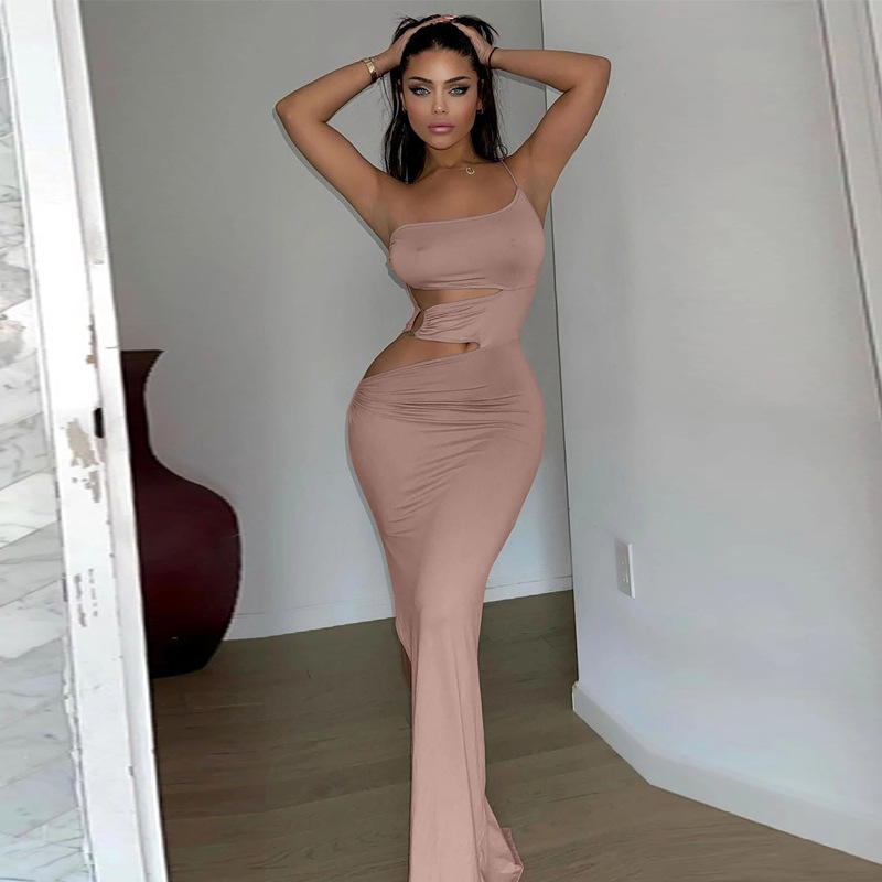 Edgy One Shoulder Cut Out Bodycon Dress with Metal Ring Detail and Side Slit Castello Clothing Line