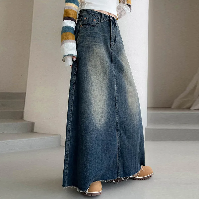 Vintage Vibe Frayed Hem Maxi Denim Skirt Castello Clothing Line