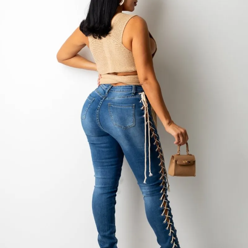 Mid Rise Lace Up Jeans Castello Clothing Line