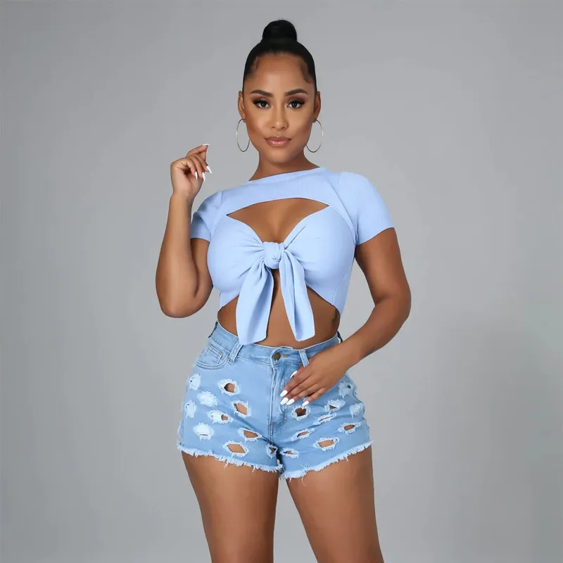 Chaos High-Waist Distressed Cutout Denim Shorts Castello Clothing Line