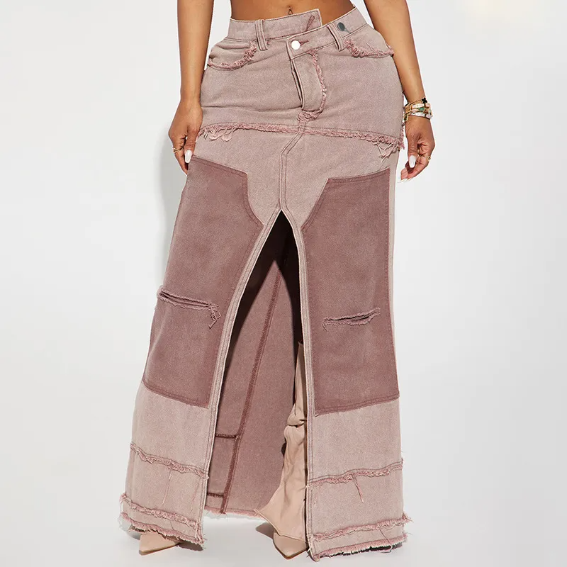 Utility Queen Slit Pocket Denim Maxi Skirt Castello Clothing Line