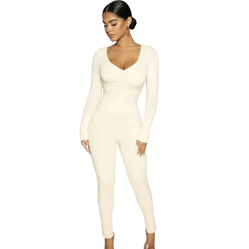Lauren Long Sleeve Ruched Ribbed Bodycon Jumpsuit bodycon jumpsuit Castello Clothing Line