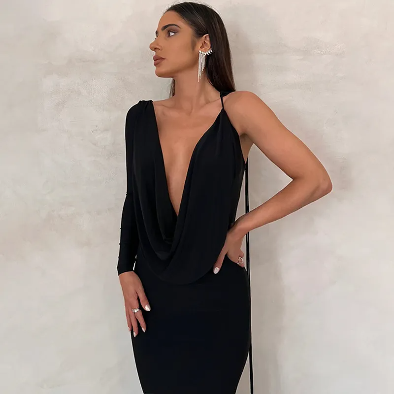 Fiorina Draped One-Shoulder Plunge Neck Maxi Dress maxi dress Castello Clothing Line