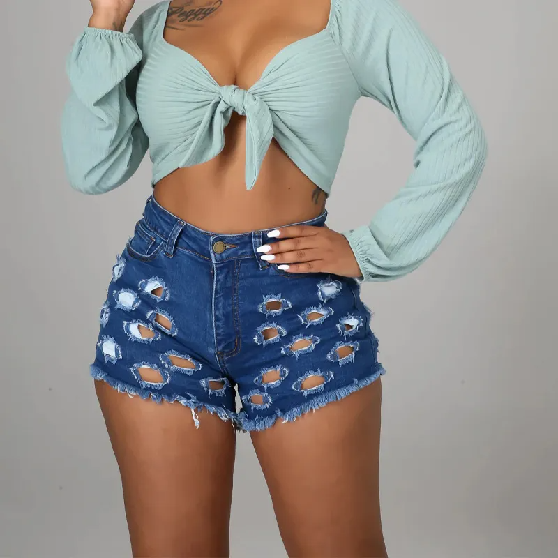 Chaos High-Waist Distressed Cutout Denim Shorts Castello Clothing Line