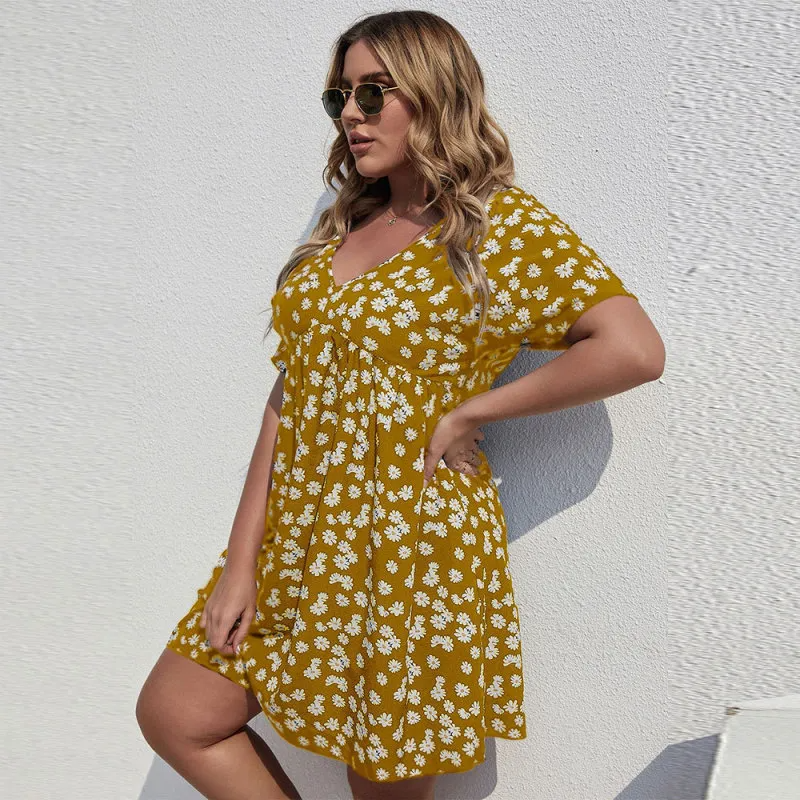Dahlia V-Neck Floral Empire Waist Plus Size Mini Dress Castello Clothing Line