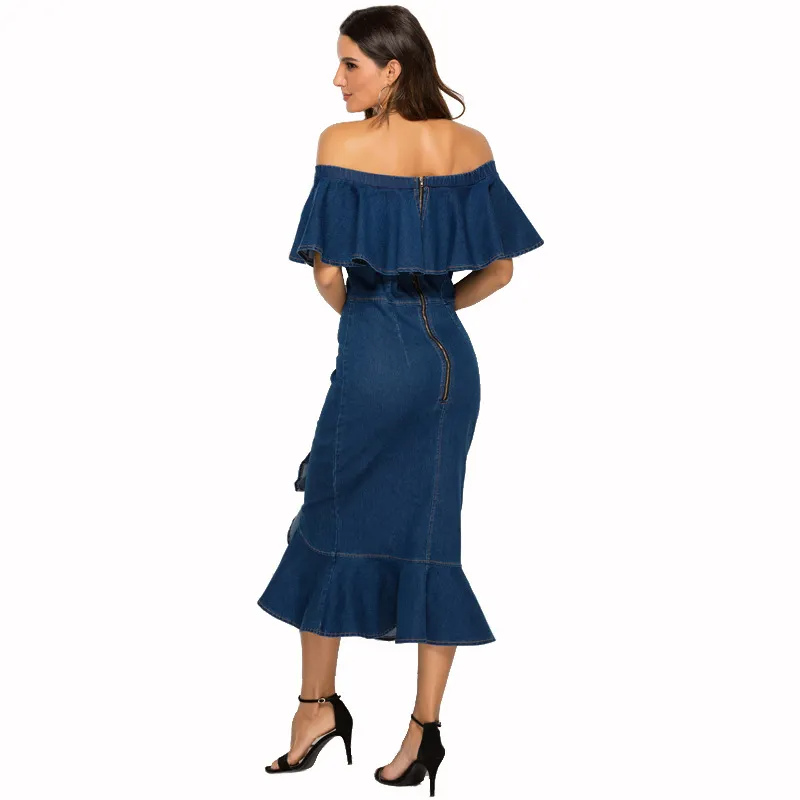 Clare Off-Shoulder Ruffle Denim Midi Dress Castello Clothing Line