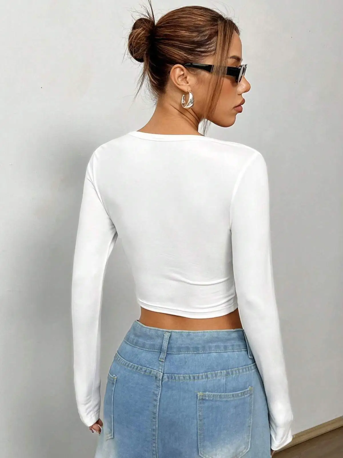 Plunge Into It V-Neck Long Sleeve Crop Top Castello Clothing Line