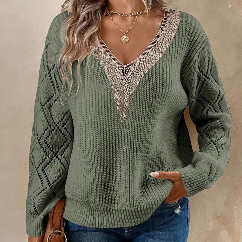 Viva Lace V-Neck Knit Long Sleeve Sweater Castello Clothing Line