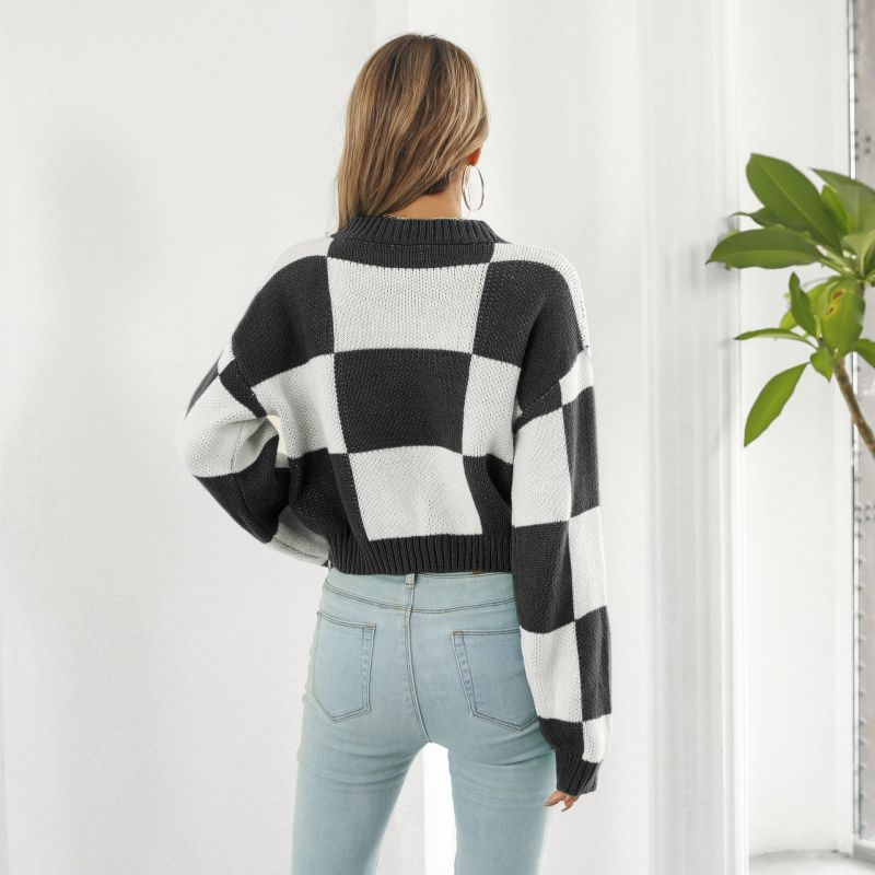 Impact Checkered Knit Cropped Long Sleeve Sweater Castello Clothing Line