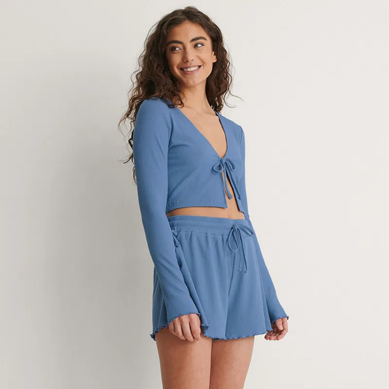 Blissful Ease Long Sleeve Tie-Front Ribbed Lounge Set Castello Clothing Line