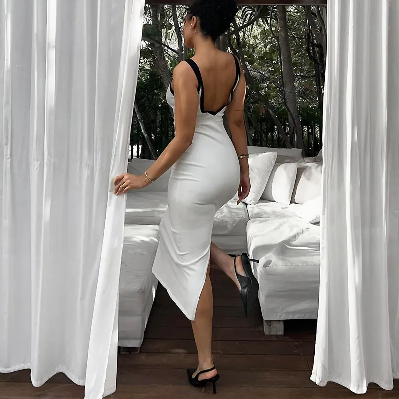 Bryn Contrast Trim V-Neck Sleeveless Bodycon Midi Dress midi dress Castello Clothing Line