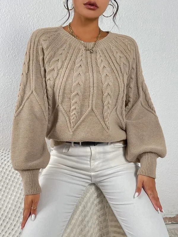 Fine Wine Cable Knit Balloon Sleeve Pullover Sweater Castello Clothing Line