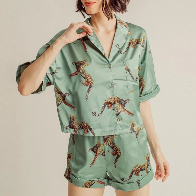 Wild Spirit Satin Short Sleeve Top and Shorts Lounge Set Castello Clothing Line