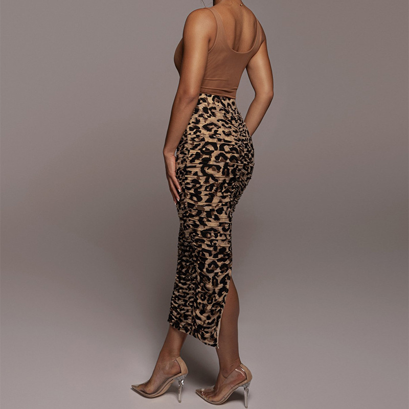 Leopard Print Ruched High Waist Skirt with Back Slit - Polyester/Spandex Blend Castello Clothing Line