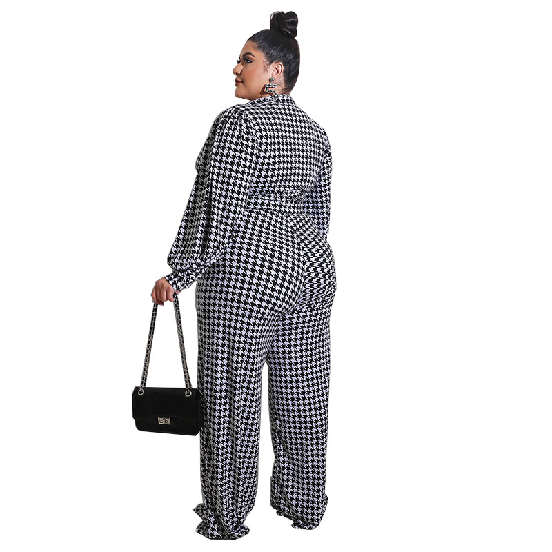 Zoey Long Sleeve Houndstooth Plunge Wide-Leg Jumpsuit women jumpsuits Castello Clothing Line