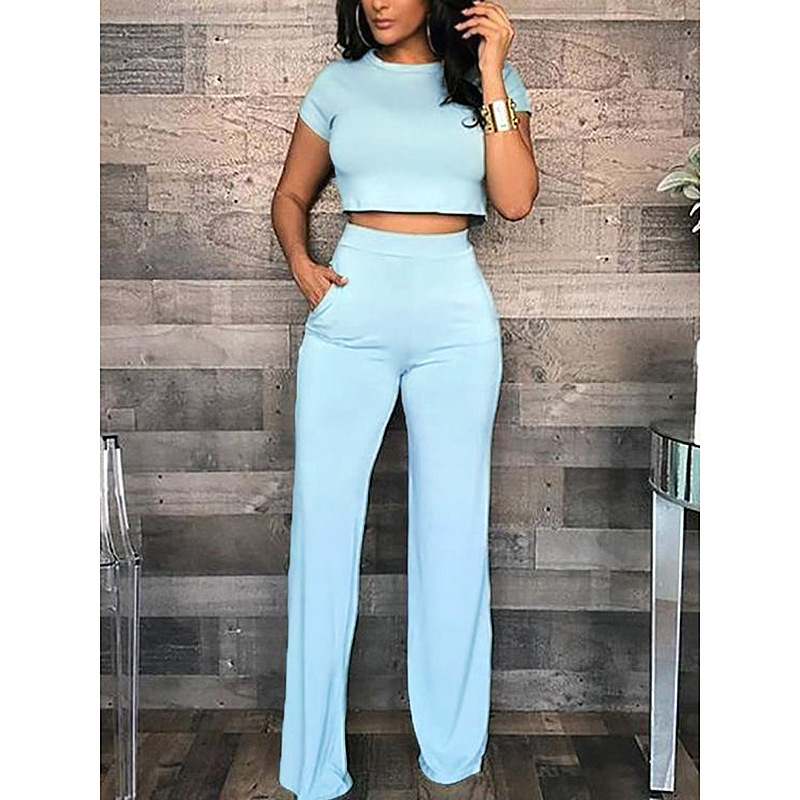 Short Sleeve Crop Top & High-Waist Wide-Leg Pant Set with Pockets Castello Clothing Line