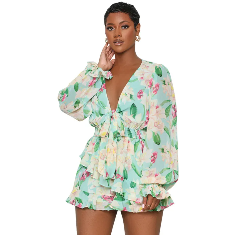 Spring Bloom Floral V-Neck Long-Sleeve Ruffle Romper Castello Clothing Line