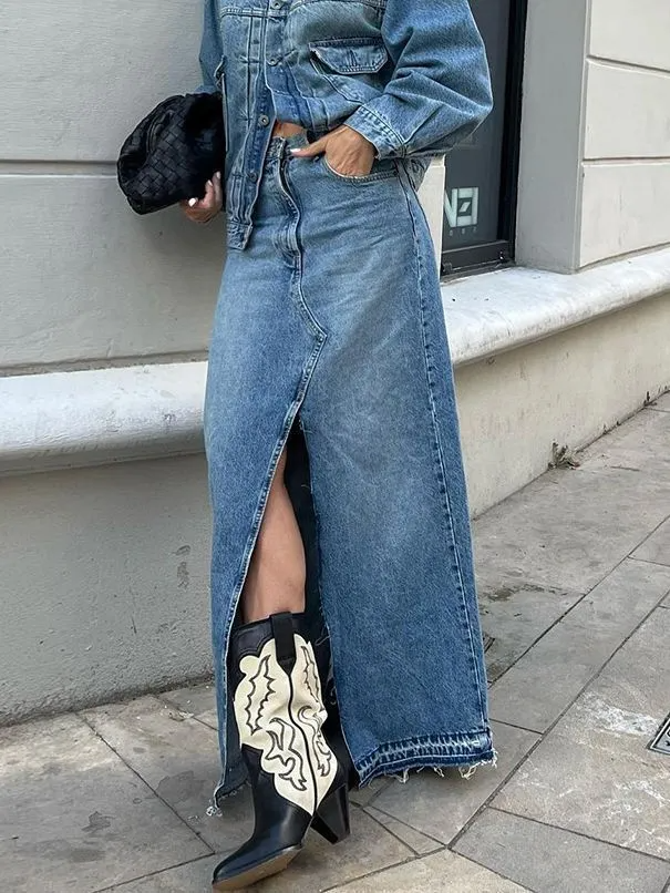City Slay Front Slit Maxi Denim Skirt Castello Clothing Line