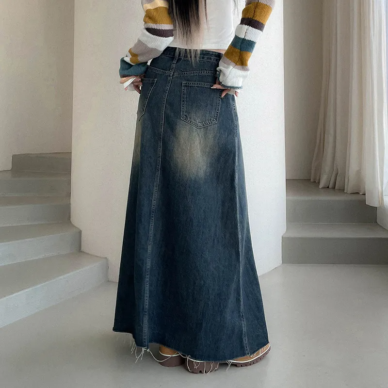 Vintage Vibe Frayed Hem Maxi Denim Skirt Castello Clothing Line