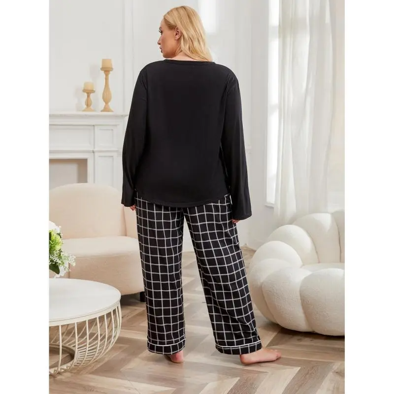 Plus Whimsy Buttoned V-Neck Pajama Top & Plaid Wide Leg Pants Set Castello Clothing Line