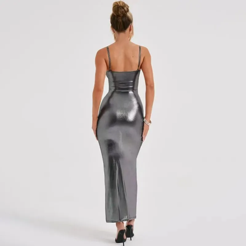 Pavlina Spaghetti Strap Metallic Bodycon Maxi Dress maxi dress Castello Clothing Line