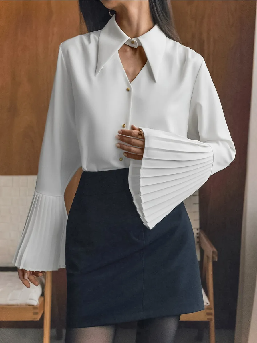 Timeless Charm Long Flare Sleeve Button-Up Blouse Castello Clothing Line