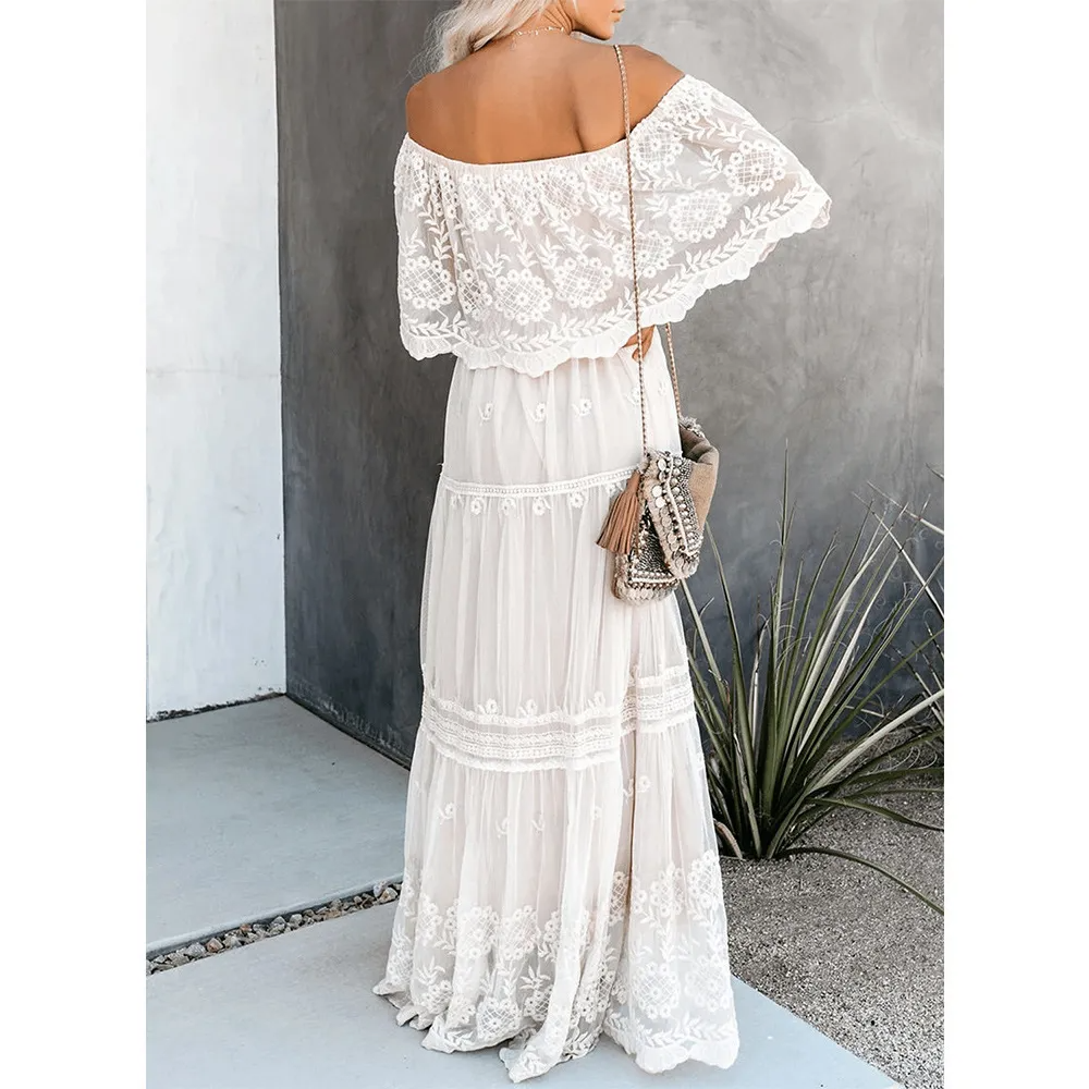 Adelina Off-Shoulder Lace Overlay Tiered Maxi Dress maxi dress Castello Clothing Line
