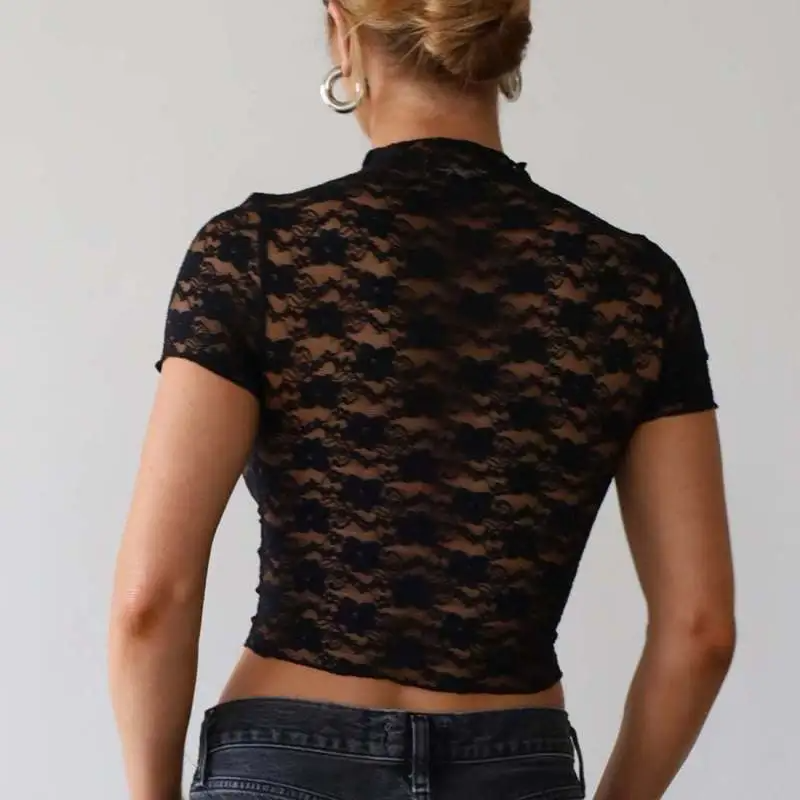 VogueEase Lace Mock Neck Sheer Cropped Top Castello Clothing Line