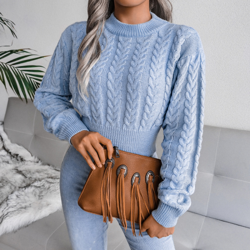 Fuse Cable Knit Cropped Long Sleeve Sweater Castello Clothing Line