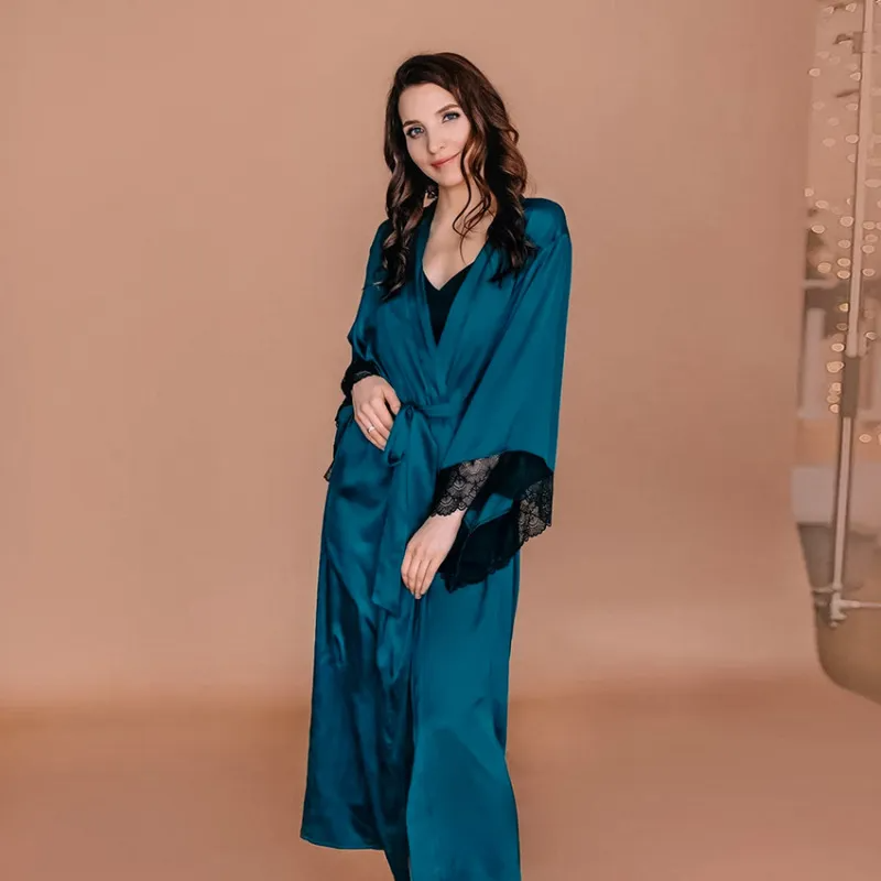 Moonlit Grace Lace-Trim Satin Long Wrap Robe Castello Clothing Line