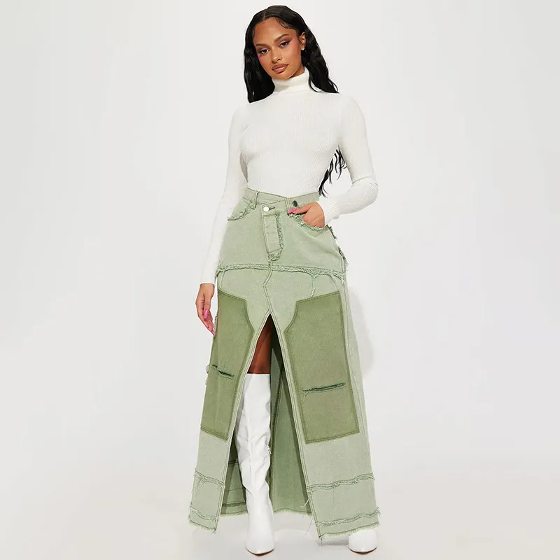 Utility Queen Slit Pocket Denim Maxi Skirt Castello Clothing Line
