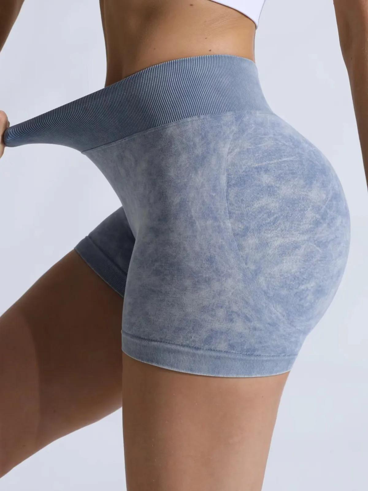 Unspoken High-Rise Seamless Scrunch Butt Acid Wash Biker Shorts workout shorts Castello Clothing Line