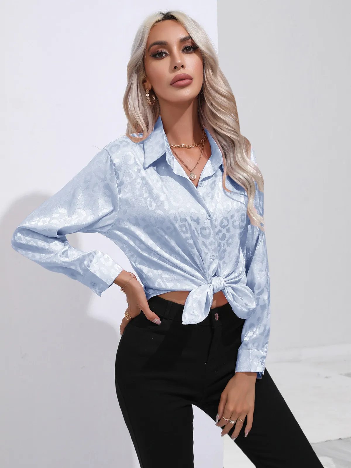 Savvy Spots Satin Button-Up Blouse Castello Clothing Line