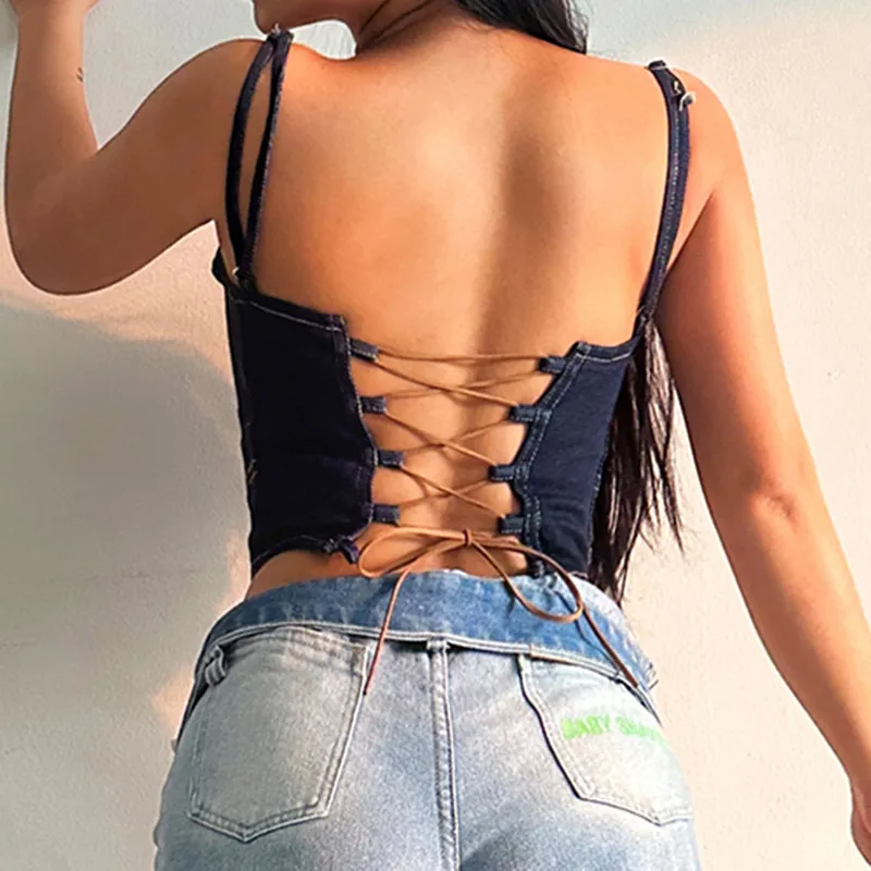 Denim Dreams Laced Up Bustier Top Castello Clothing Line