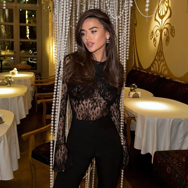 Midnight Whisper Sheer Lace Long Sleeve Bodysuit Castello Clothing Line