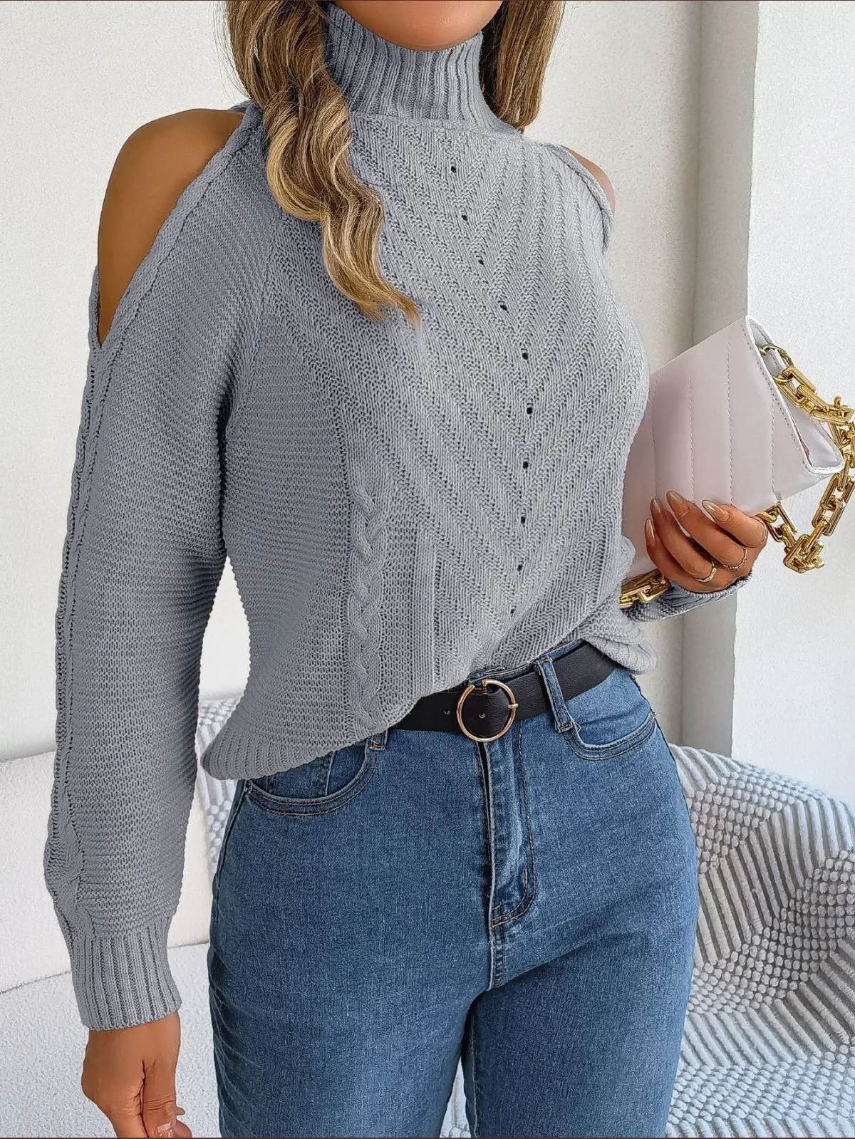 Vogue Vibes Cold-Shoulder Turtleneck Sweater Castello Clothing Line