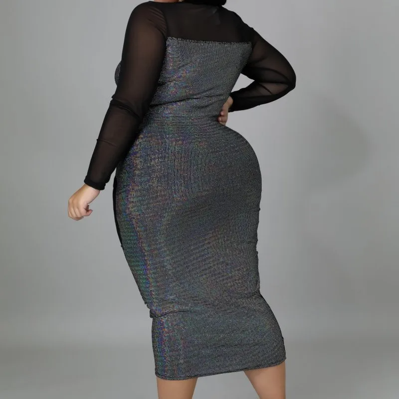 Reese Plus Size Glitter Mesh Panel Bodycon Midi Dress midi dress Castello Clothing Line