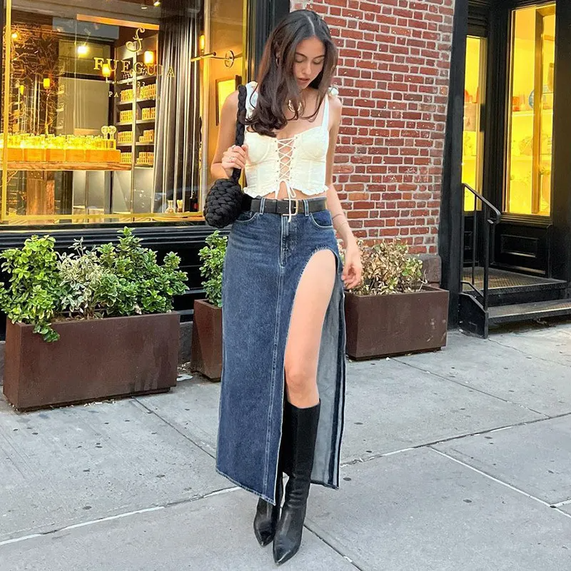 Street Chic High Slit Denim Skirt Castello Clothing Line