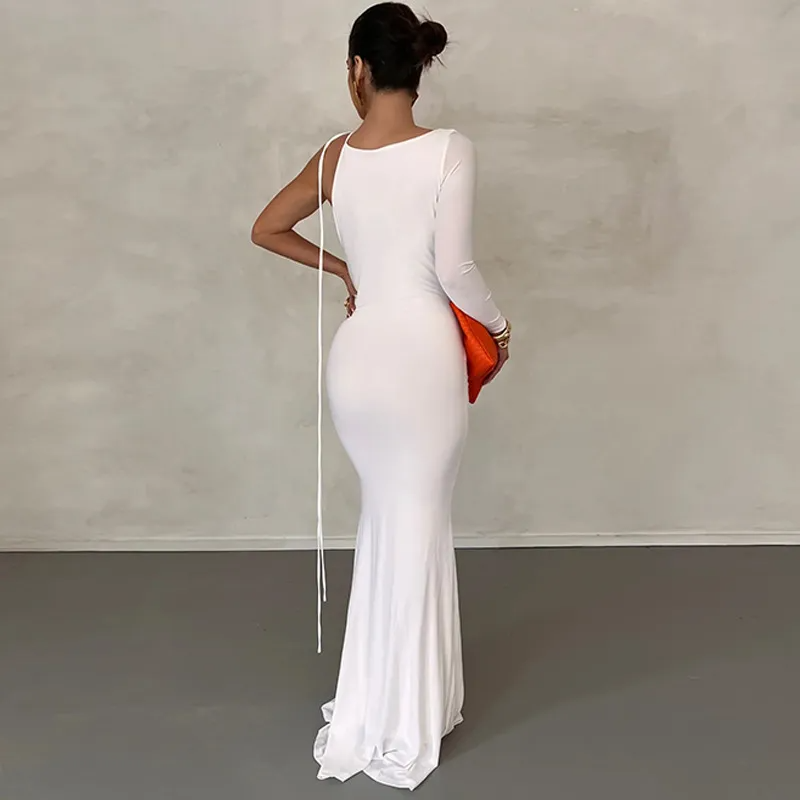 Fiorina Draped One-Shoulder Plunge Neck Maxi Dress maxi dress Castello Clothing Line