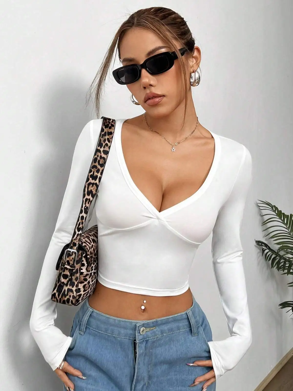 Plunge Into It V-Neck Long Sleeve Crop Top Castello Clothing Line