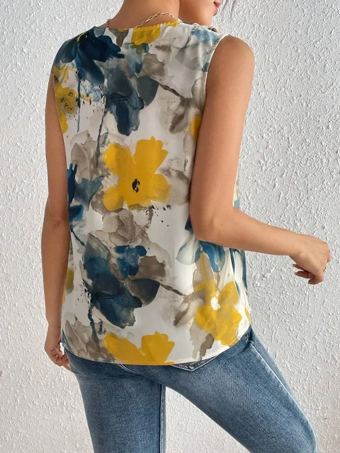 Petal Pop Sleeveless V-Neck Floral Print Blouse Castello Clothing Line