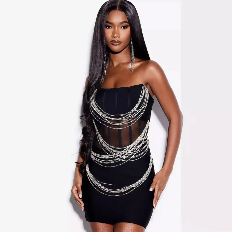 Zylar Strapless Mesh Rhinestone Chain Bodycon Mini Dress Castello Clothing Line