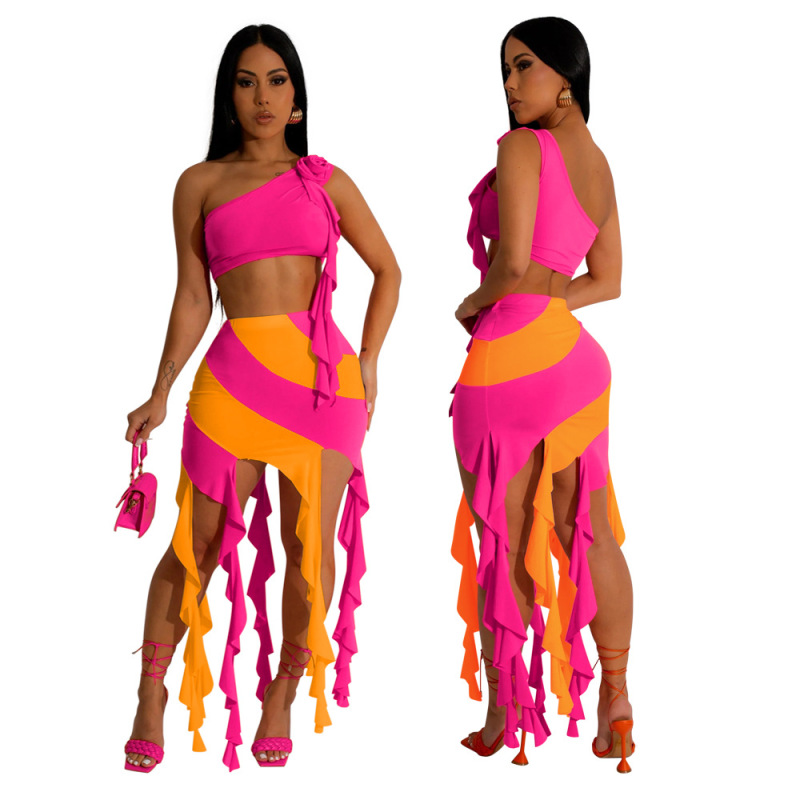One Shoulder Crop Top and Tassel Skirt Set Castello Clothing Line