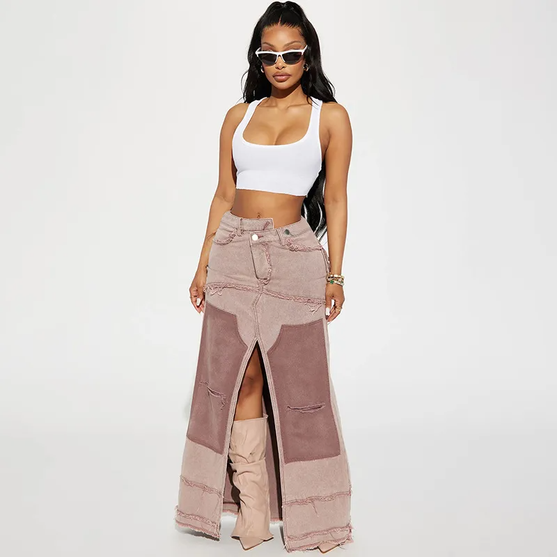Utility Queen Slit Pocket Denim Maxi Skirt Castello Clothing Line