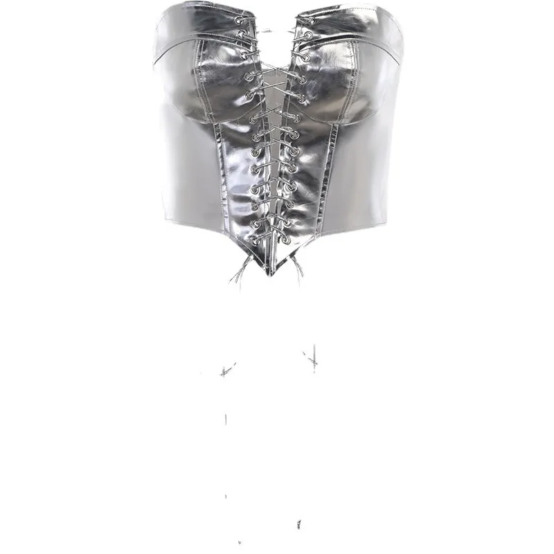 Lace Me Up Metallic Lace-Up Strapless Corset Top Castello Clothing Line