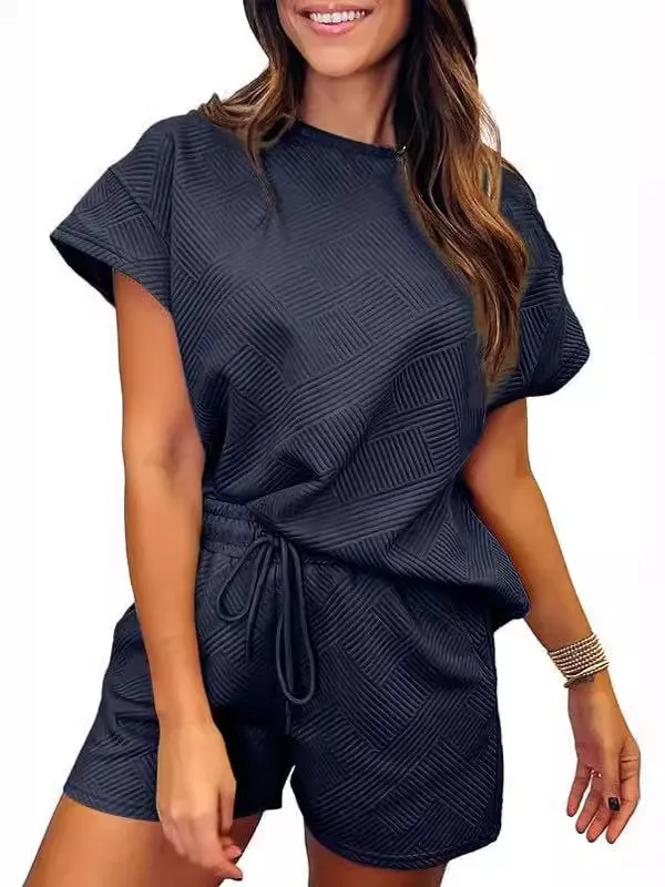 Halo Textured Short Sleeve Top & Drawstring Shorts Set Castello Clothing Line